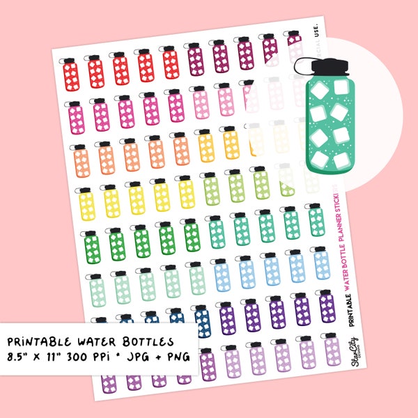 Printable Water Bottle Stickers, Hydrate Digital stickers for bullet journals, Water intake stickers, Drink water, Water tracker download