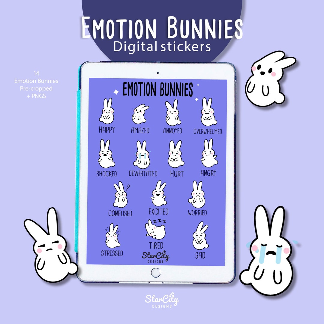 Emotion Digital Stickers, Emoji Bunny Goodnotes Stickers, Hand Drawn