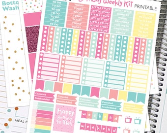 Birthday Weekly Kit, Printable Planner Stickers, Checklist box, Planner Printables, planner supplies, To Do Headers, Full Box Squares