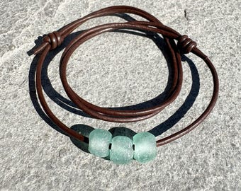 Driftline Sea glass Necklace • Leather Cord Sea Glass Necklace • Frosty Water Winter Jewelry • Handmade Boho Leather Necklace