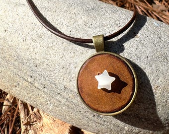 North Star Necklace • Mother of Pearl Star Pendant • Adjustable Leather Inlay Bronze Necklace • Celestial Winter Jewelry