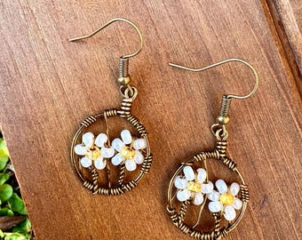 Wild Flower Beaded Hoop Earrings, Copper Hoops with Glass Seed Beads, Boho Jewelry