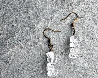 Crystal Glacier Quartz Earrings • Stacked Quartz Earrings • Brass Wire Crystal Earrings • Winter Boho Jewelry