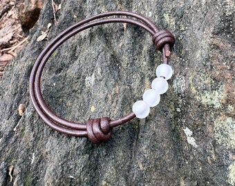 Spirit frost Bracelet • Frosted Quartz Sphere Bracelet • Adjustable Leather Cord Gemstone Bracelet • Mystical Winter Jewelry