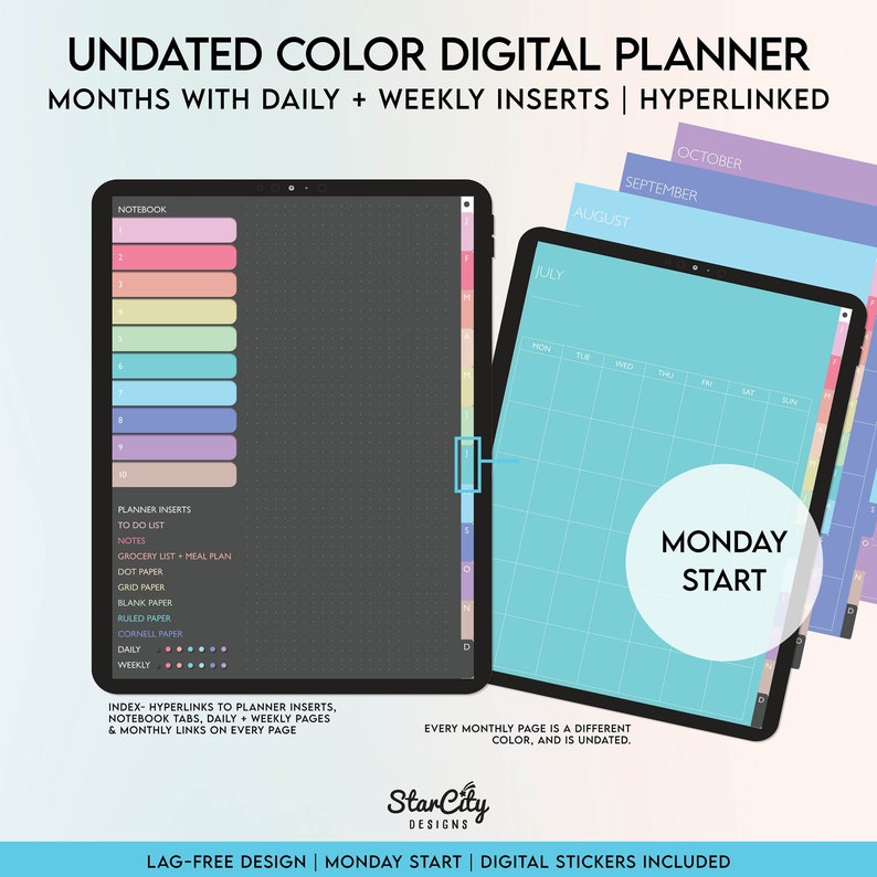 Colorful UnDated Digital Planner, Undated Digital portrait planner, Undated yearly iPad planner, hyperlinked tabs, Colorful portrait planner image 1