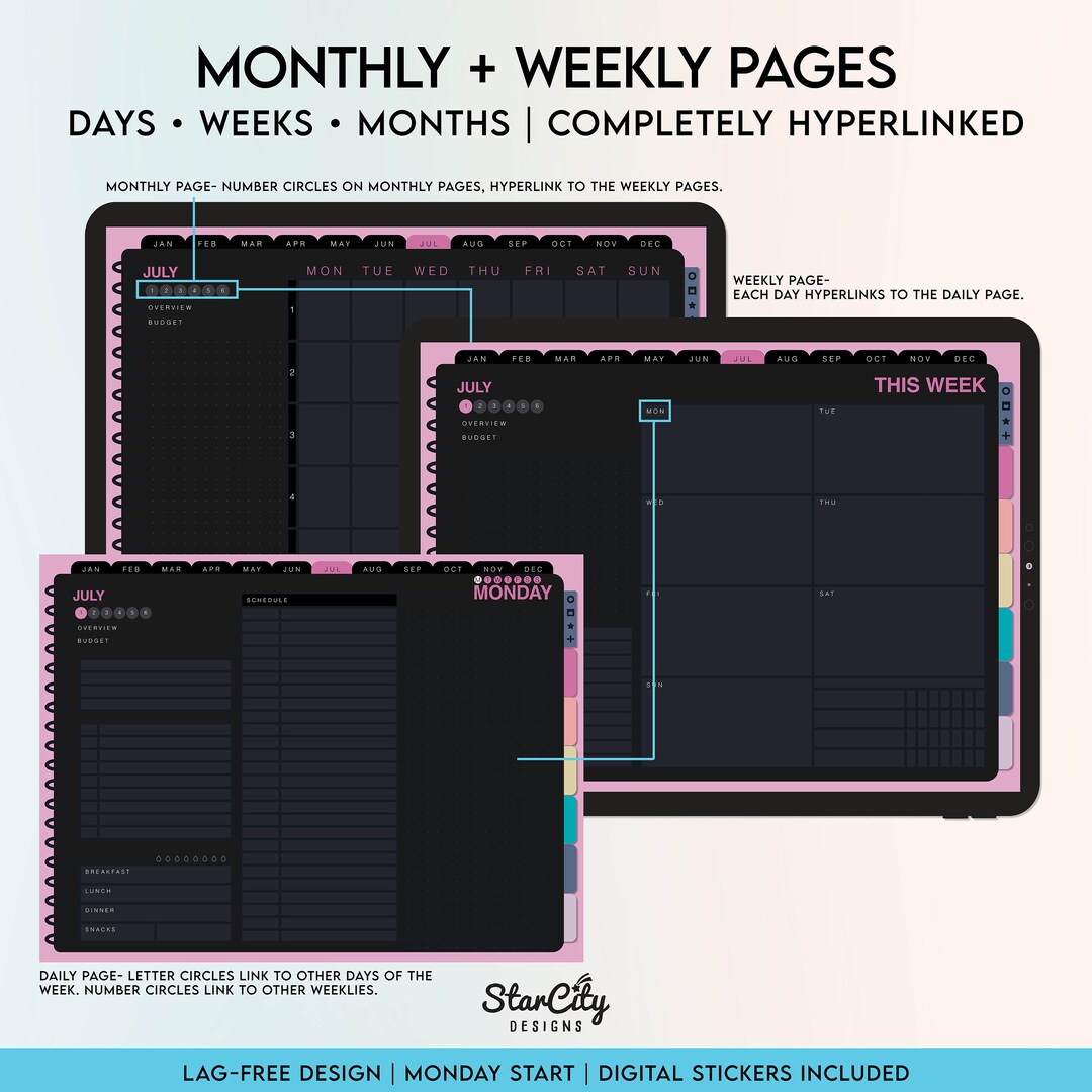 Undated Black Mode Digital Planner, Undated Digital Landscape Planner ...