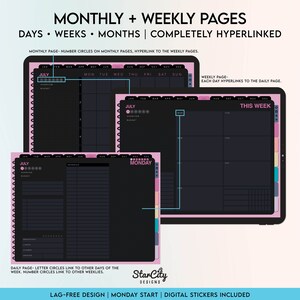 Undated black mode digital planner, undated digital landscape planner, black mode planner, dark mode planner, hyperlinked tabs, Monday start