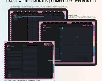 Undated black mode digital planner, undated digital landscape planner, black mode planner, dark mode planner, hyperlinked tabs, Monday start