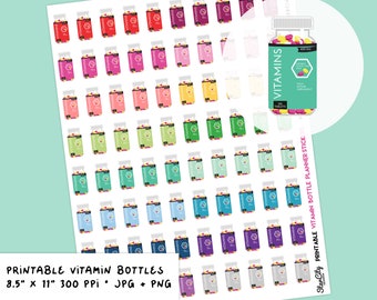 Printable Vitamin Stickers, Vitamin Reminder stickers for bullet journals, Health stickers, Fitness Stickers, Digital Vitamin download sheet