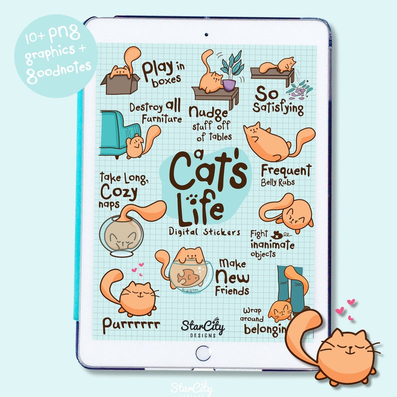 Cat Digital Stickers for Goodnotes, Cat Png Stickers, precropped Goodnotes stickers, hand drawn stickers, pngs for digital planner image 1