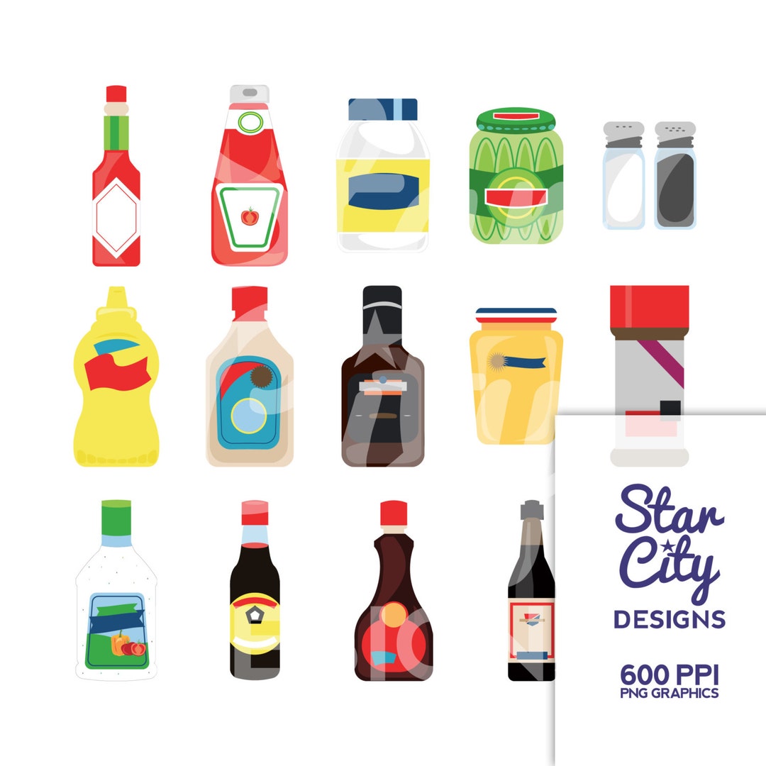 Condiment Clipart, Sauce Clipart, Mustard Clipart, Ketchup Clipart, Bbq