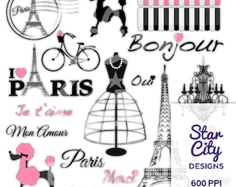 Clipart Paris, clipart caniche Paris, clipart, clipart, graphiques numériques, téléchargement immédiat, clipart lustre, clipart vélo, art rose de paris