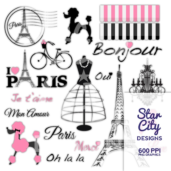 Paris Clipart, Paris poodle clipart, clipart, clip art, digital graphics, instant download, chandelier clipart, bike clipart, pink paris art