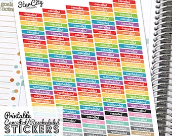 Printable Cancelled Stickers, Rescheduled Stickers, Printable File, Rainbow Cancelled stickers, Vertical, Horizontal & Happy Planner
