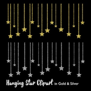 Hanging Star Clipart, Gold Star Clipart, Silver Star Clipart, Hanging Stars clipart, Hanging Star graphics, Design embellishments, accents image 1