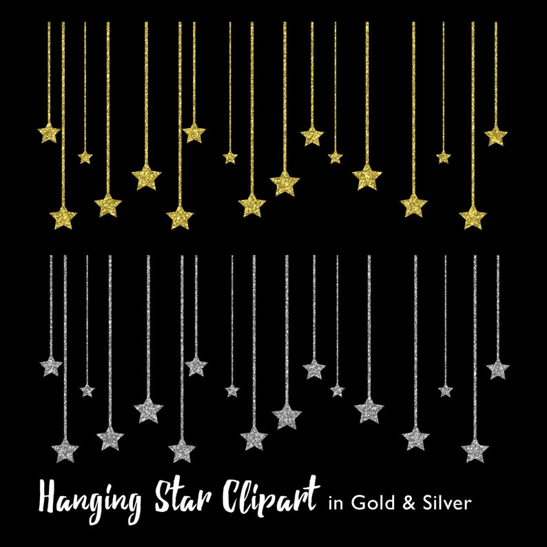 Hanging Star Clipart, Gold Star Clipart, Silver Star Clipart, Hanging Stars clipart, Hanging Star graphics, Design embellishments, accents image 1