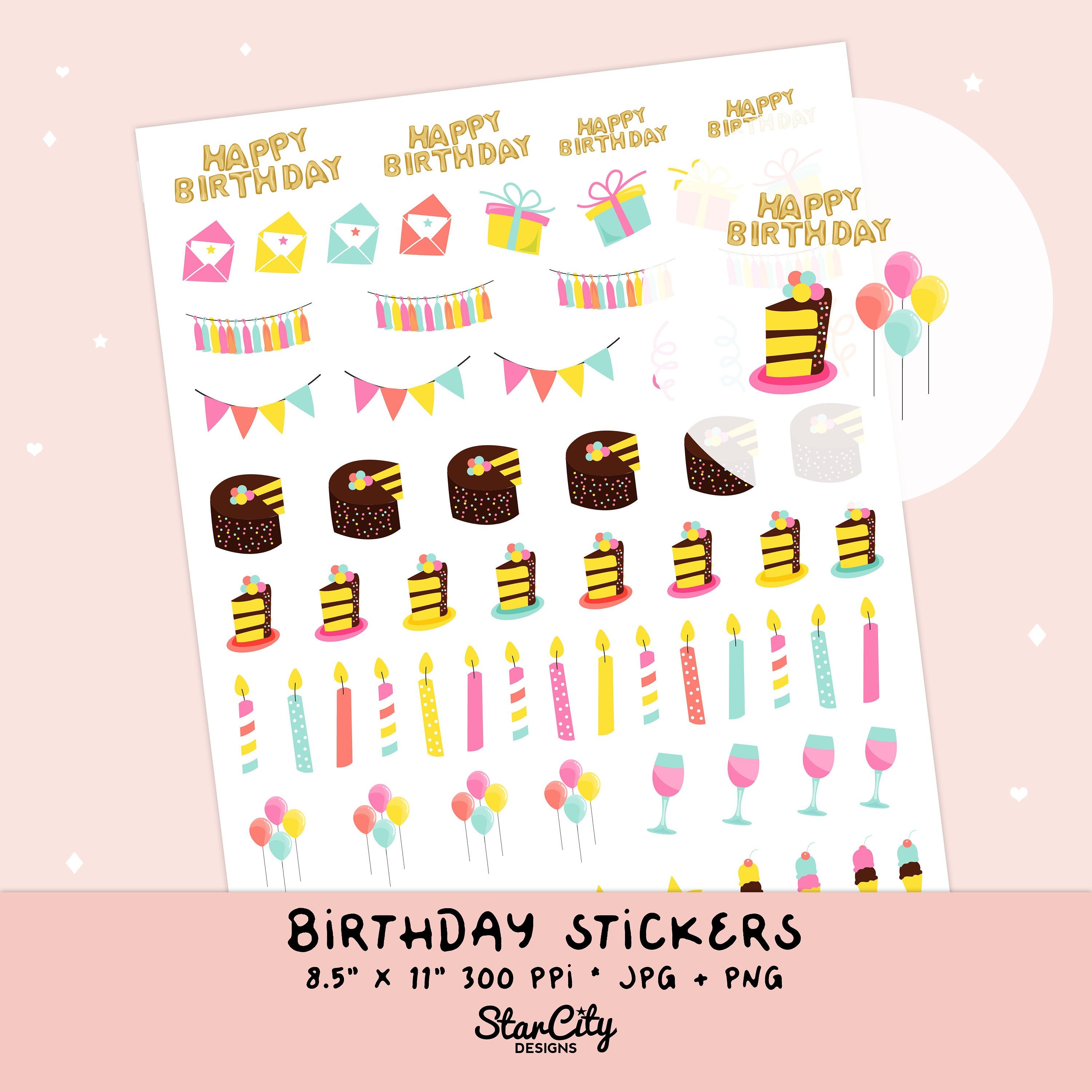 printable birthday stickers happy birthday chocolate cake etsy