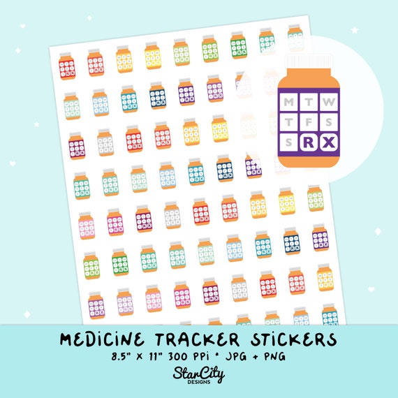 Printable Medicine tracker, Pill bottles, Digital pill tracker, vitamin  tracker, prescription sticker download, bullet journal stickers