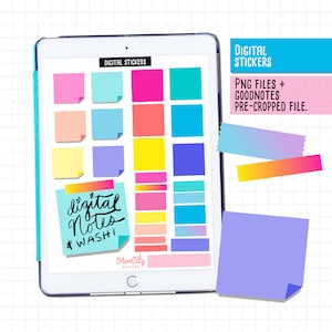 May include: A digital planner displayed on a tablet, featuring colorful digital stickers in various shapes and sizes. The stickers include sticky notes and washi tape designs, with text that reads "Digital Notes & Washi". The image also includes the text "Digital Stickers" and "PNG Files + GoodNotes Pre-cropped File."