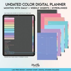 Colorful UnDated Digital Planner, Undated Digital portrait planner, Undated yearly iPad planner, hyperlinked tabs, Colorful portrait planner image 2