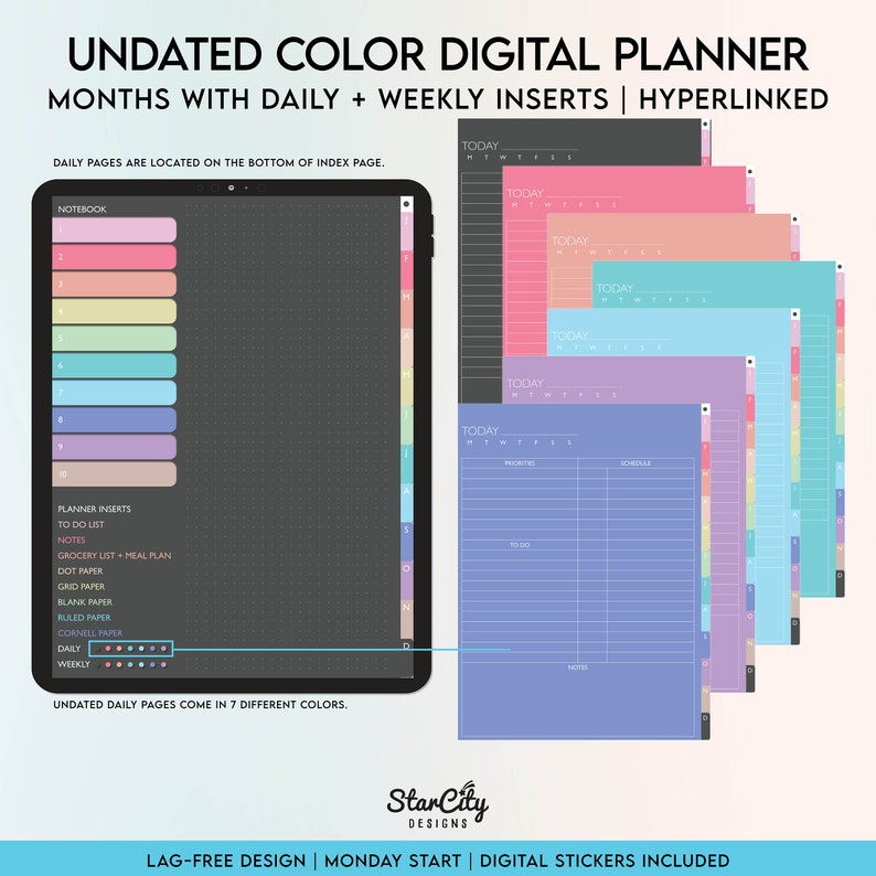 Colorful UnDated Digital Planner, Undated Digital portrait planner, Undated yearly iPad planner, hyperlinked tabs, Colorful portrait planner image 2