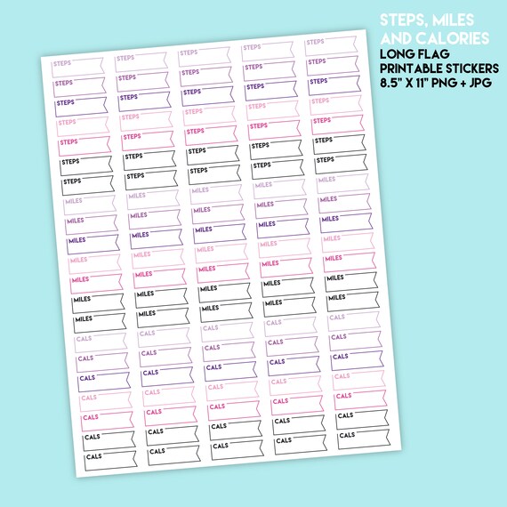 printable long flag stickers step tracker miles tracker calorie tracker workout flag stickers bullet journal workout digital stickers miles tracker