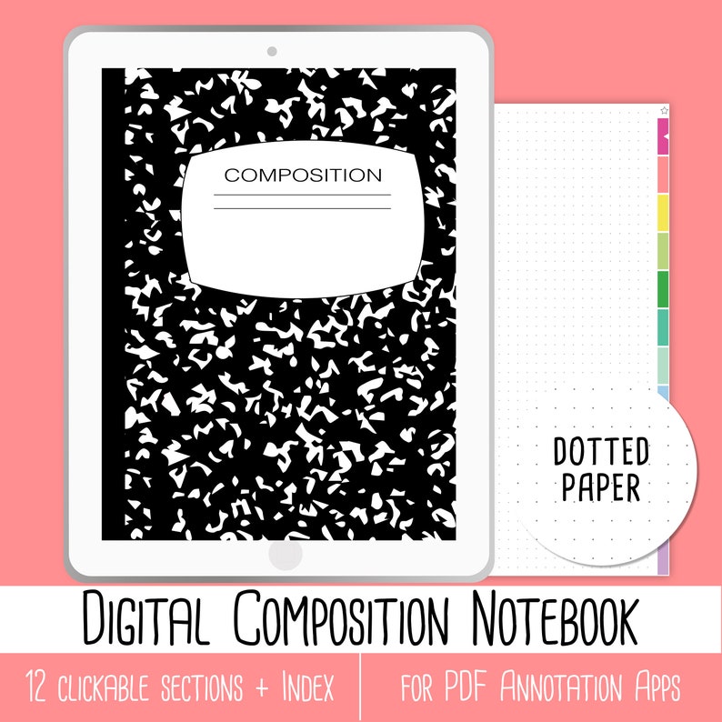 Digital Composition Notebook, PDF annotated Apps, Digital Journal, tablet planner with clickable sections, Digital Class Notebook, Dot Paper image 1