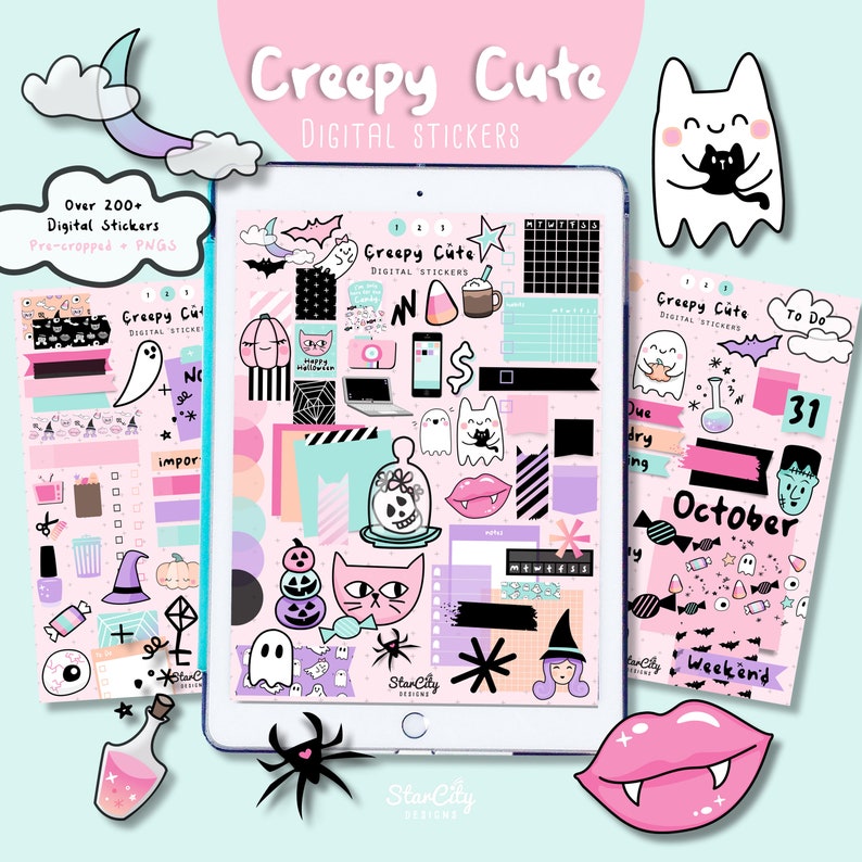 Creepy Cute Digital Stickers, Halloween goodnotes weekly stickers, hand drawn digital planner stickers, Goodnotes Halloween stickers image 1
