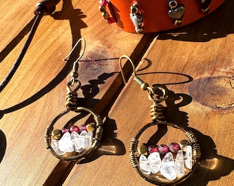 Solstice Spark Beaded Hoop Earrings, Copper Hoops with Quartz Crystal Beads, Garnet beads, hematite beads, Boho Jewelry