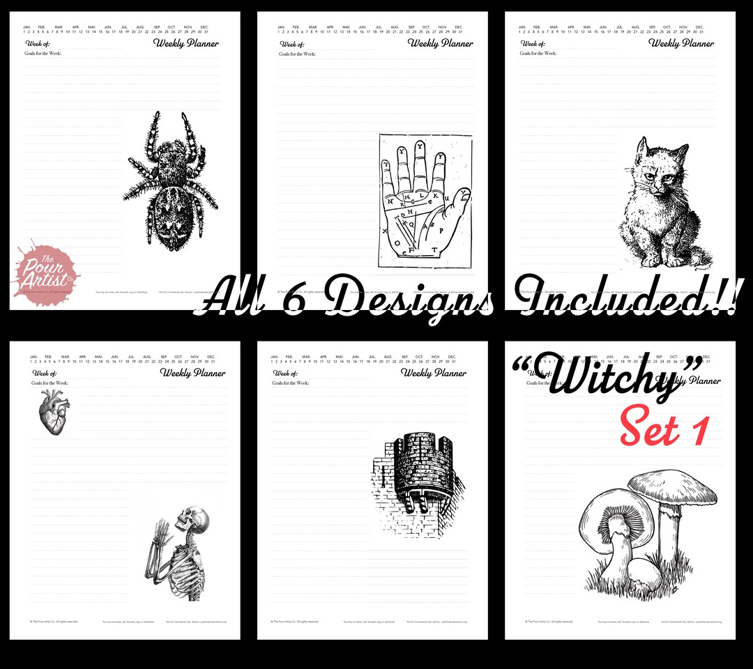 Witchy Planner Printable Insert, Coloring Graphic Pages for Planner