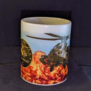 US Army AH-64 Apache attack helicopter illustrated black glossy mug wrap around image