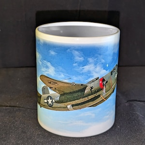 B-25 Mitchell illustrated US Army Air Corp World War II bomber airplane white glossy mug wrap around image