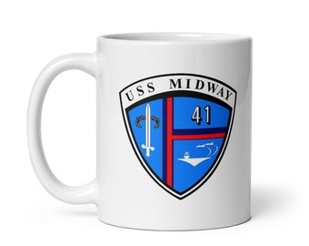 Taza blanca brillante USS Midway CV 41 portaaviones de la Marina de los EE. UU.