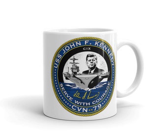 Taza blanca brillante USS John F Kennedy CVN-79 Serve with Courage US Navy