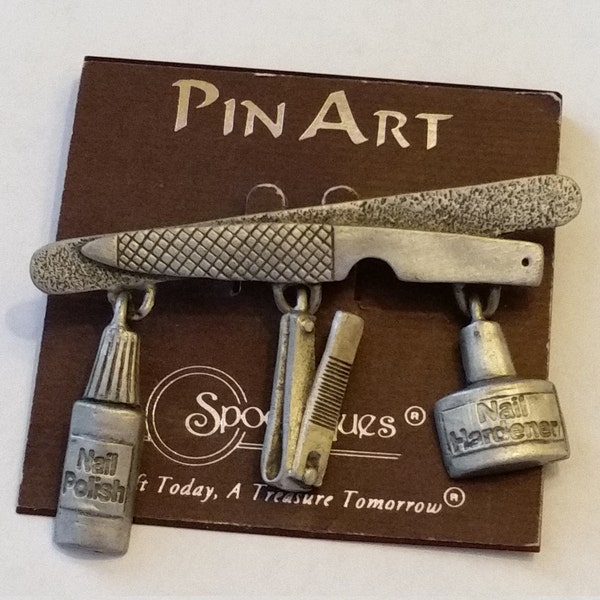 SPOONTIQUES Pin Art Signed Pewter Brooch Manicure Nail File Polish Clippers 2-3/4" Girl's Day