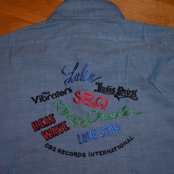 1970's CBS RECORDS vintage rare Levis Jeans Denim Button-Front promo concert tour shirt Judas Priest The Vibrators (L) Large original 70's