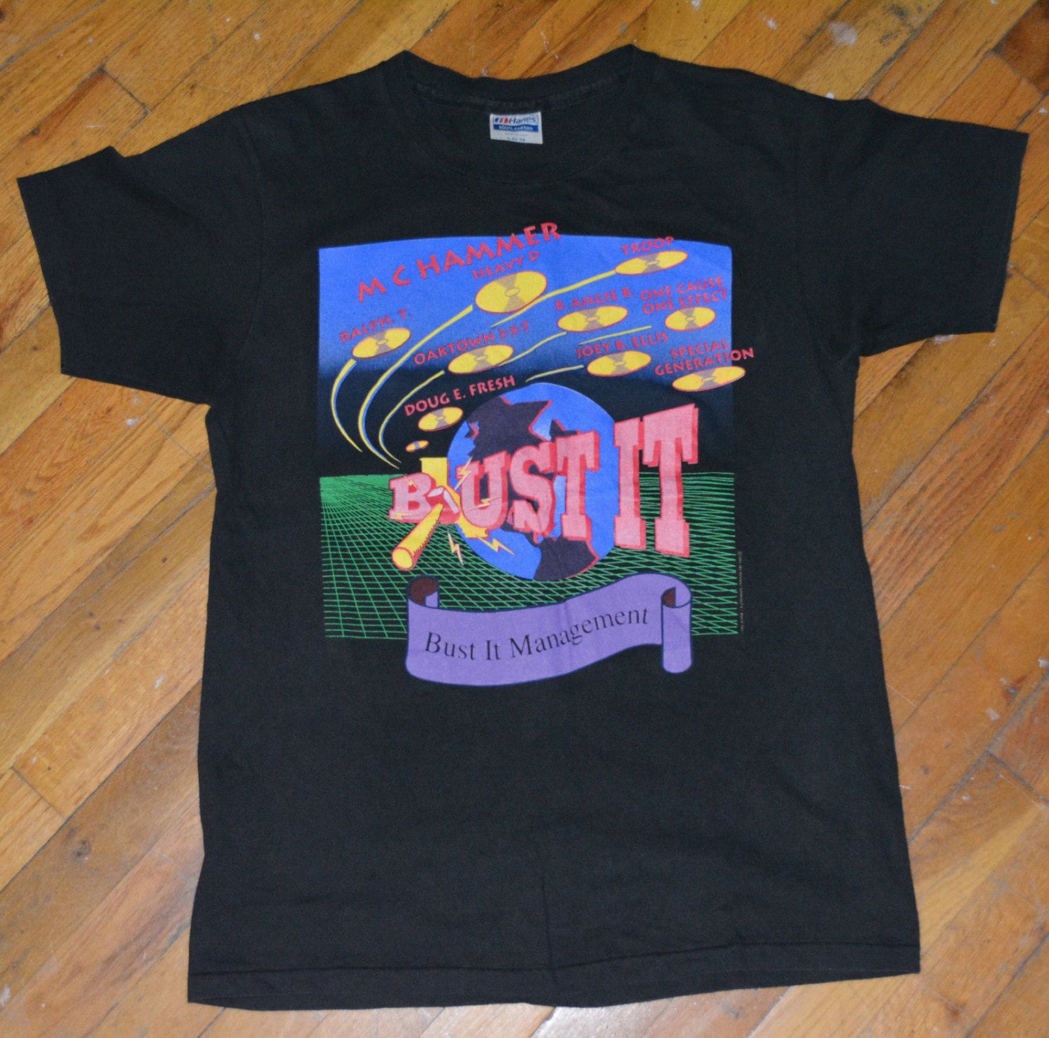1991 MC HAMMER, Heavy D, Doug E Fresh, Bust-It Records vintage concert tour promo tee rare hip-hop rap t-shirt (L) Large M.C. mens tshirt