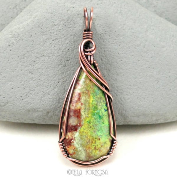 Primavera, Spring Green, Natural Stone, Green Stone Pendant, Wire Wrapped Pendant, Copper Wire Wrap, Cabochon Pendant, Rustic Organic Look