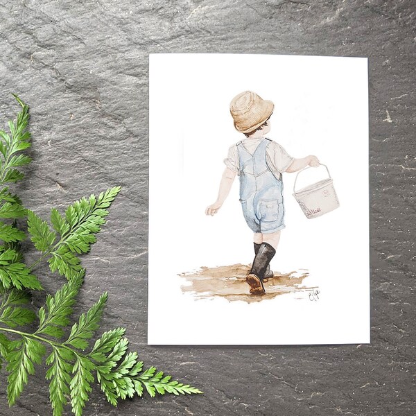 Little Boy Picking Strawberries note Card - kids greeting card - stationary - blank card