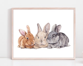 Baby bunny decor, bunny wall art, three watercolor bunnies, Rabbit Painting, bunny nursery, spring watercolor, Easter gift