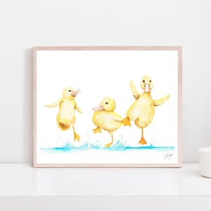 Ducks in the rain Print,  decor, duckling wall art, cute watercolor painting, duck nursery, ducks dancing  gift