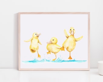 Ducks in the rain Print,  decor, duckling wall art, cute watercolor painting, duck nursery, ducks dancing  gift