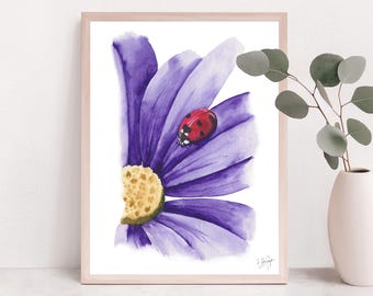 Ladybug Watercolor Print, Purple Flower, Woodland Nursery Art