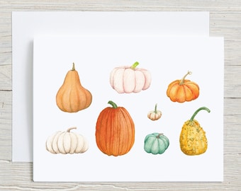 Fall Pumpkins Note Card, Card set 4 or 8, Autumn Watercolor Stationary set, Pumpkin Varieties, Card with Envelopes, Folded Blank Note Cards