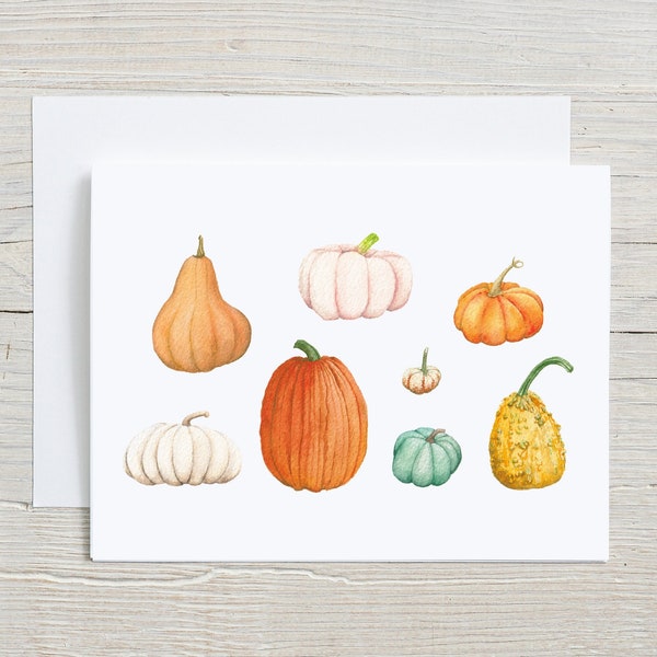 Fall Pumpkins Note Card, Card set 4 or 8, Autumn Watercolor Stationary set, Pumpkin Varieties, Card with Envelopes, Folded Blank Note Cards