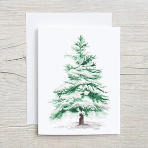 Watercolor Christmas Tree Card - Snow Covered Evergreen Holiday Card - Winter Nature Art Card - Blank Christmas Stationery - Pine Tree Card