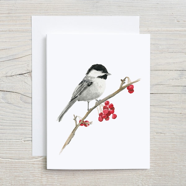 Chickadee note card - Holiday Greeting Card Set - bird greeting card -  winter stationary - bird card - blank card