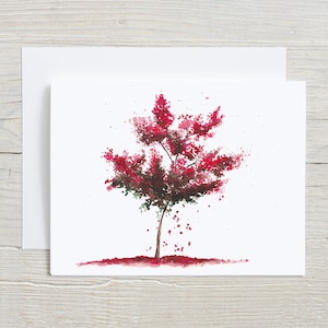 May include: Watercolor painting of a red tree with a white background. The tree has a single trunk and branches with red leaves. The leaves are falling from the tree.