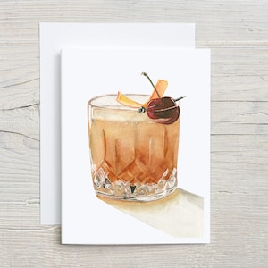 Old Fashioned cocktail card,  Watercolor Drink Illustration, Father&#39;s Day Card, Whisky postcard, vintage cocktail glass stationary