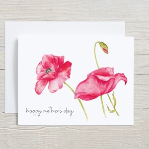 Mother's Day Card with Pink Poppies - Watercolor Floral Greeting Card for Mom - watercolor botanical stationary - folded card with envelope